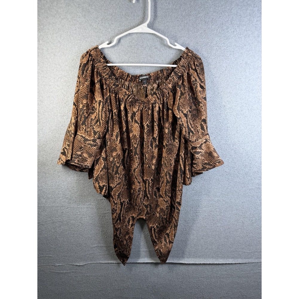Express Blouse Womens Large Brown Animal Print Off Shoulder Bell Sleeve Tunic